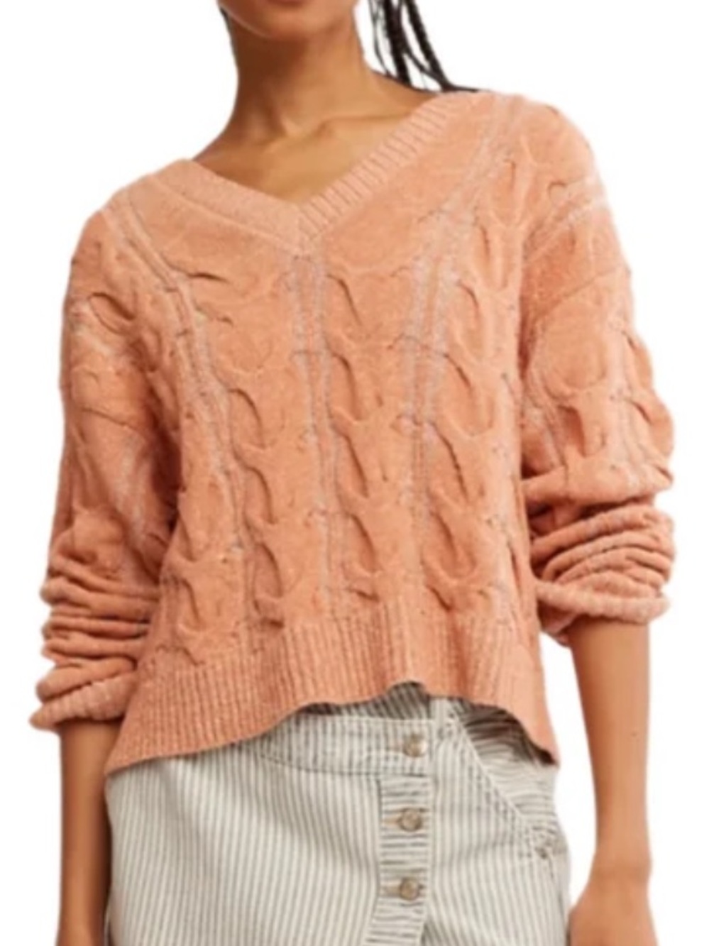 Free People Cable Knit V-Neck Sweater in Peachy Coral